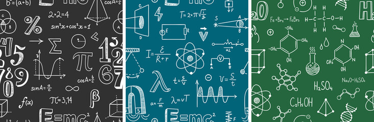 seamless pattern with school subjects - math, physics, chemistry. blackboard inscribed with scientif