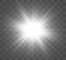 Poster - Special lens flash, light effect. The flash flashes rays and searchlight. illust.White glowing light. Beautiful star Light from the rays. The sun is backlit. Bright beautiful star. Sunlight. Glare.	