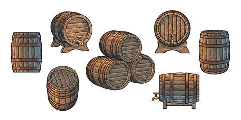 Wall Mural - big vintage set of old wooden barrels for beer, wine, whisky, rum in different positions. vector ill