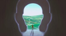 Concept Art Of Nature Freedom Dream Success Brain And Hope  , Ambition Idea Artwork, Surreal Painting Man With Happiness Of Landscape Nature In A Door , Conceptual Illustration