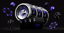 Black Purple And Silver Slot Machine With Roulette Wheel Inside, Chips And Dices, Isolated On The Black Background. Casino Modern Concept - 3D Illustration 
