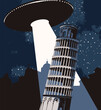 Vector banner on the theme of aliens attack. An illustration of a large flying saucer over a night city that sent a bright beam at the Leaning Tower of Pisa. The UFO invasion