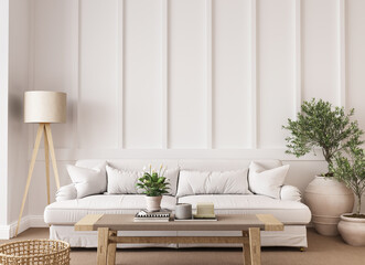 Home interior with Scandinavian decoration style, bright living room with neutral wooden furniture, 3d render