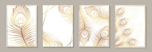 Modern Luxury Card Template For Wedding Or Business Or Presentation Or Birthday Greeting With Golden Peacock Feathers On A White Background.