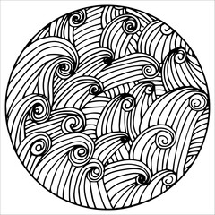  Doodle surreal fantasy circle with waves coloring page for adults. seamless pattern Hand drawn simple illustration.