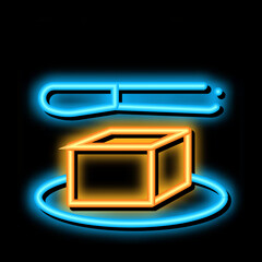 Poster - whole piece of butter and knife neon light sign vector. Glowing bright icon whole piece of butter and knife sign. transparent symbol illustration