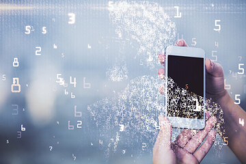 Double exposure of tech icon hologram and woman holding and using a mobile device. Technology concept.