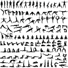 Big Set Of Silhouettes Of Woman Doing Yoga Exercises.  Icons Of Girl Stretching And Relaxing Her Body In Many Different Yoga Poses. Black Shapes Of Woman Isolated On White Background. Yoga Complex.