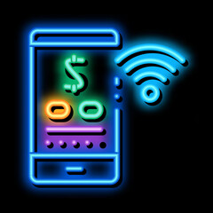 Wall Mural - money management through wi-fi distribution neon light sign vector. Glowing bright icon money management through wi-fi distribution sign. transparent symbol illustration