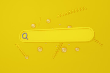 Wall Mural - Minimal Blank 3d illustration search bar yellow floating on yellow background. Searching, Find learning or stories of interest on the internet and social media. Information Networking Concept