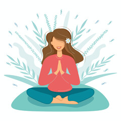 Wall Mural - The girl in the lotus position is engaged in yoga in nature. Young woman is meditating. Delicate plants in the background. Self-isolation, quarantine sport. Flat illustration, concept. Vector.