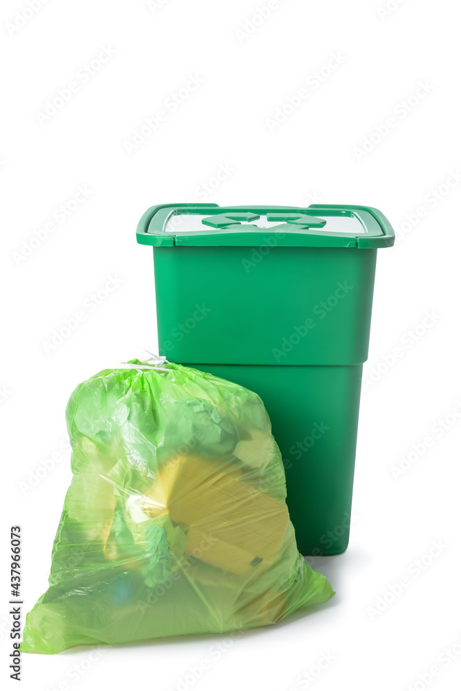 Bag with garbage and rubbish bin on white background