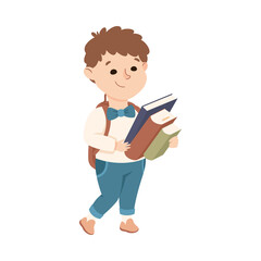 Wall Mural - Cute Boy Carrying Stack of Books, Elementary School Student at Learning Process, Kids Education Concept Cartoon Vector Illustration