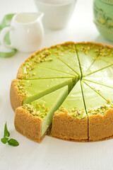 Wall Mural - Pistachio Cheesecake. Homemade baking. Selective focus