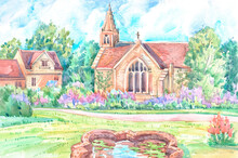 Old Medieval English Church Yard With A Pool And Flowers Painted In Watercolor On A Summer Day.