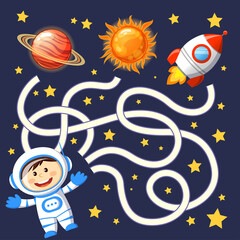 Wall Mural - Help cosmonaut find path to rocket. Labyrinth. Maze game for kids