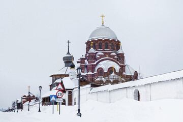 Wall Mural - Churches of the Sviyazhsky John the Baptist Monastery, as they look from a tourist street in winter. Located in the village of Sviyazhsk, near Kazan, Russia