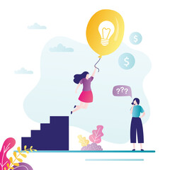 Wall Mural - Female character takes off in balloon in form of light bulb. Concept of business idea and goal achievement