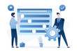 Funny users moves sliders of settings. System adjust, control panel. Customization of user interface. Business people in trendy blue style. Change gadget settings. Flat vector illustration