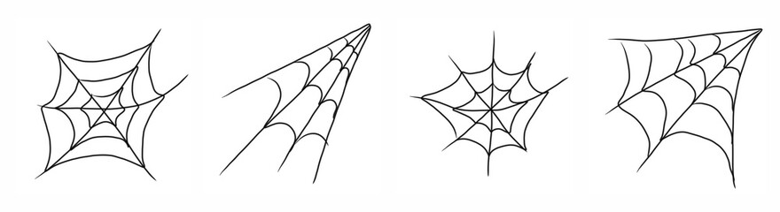 Spider web set. Hand drawing illustration, white background, art line style.
