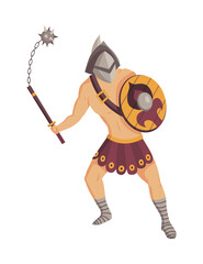 ancient rome gladiator. vector roman warrior character in armor with mace and shield. flat illustrat