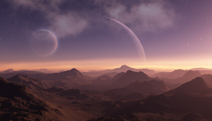 3d rendered space art: alien planet - a fantasy landscape with purple skies and stars