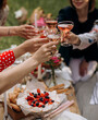 women clink glasses with rose wine at an outdoor party. female hands hold transparent glasses with pink champagne at a picnic.