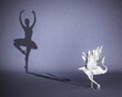 The concept of grace, elegance and sophistication. Origami figurine of a crane that casts the shadow of a ballerina. 3d illustration