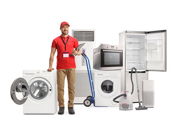 Poster - Full length portrait of a shop assitant with many home appliances