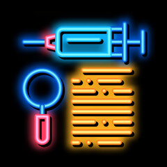 Poster - study of action of injection neon light sign vector. Glowing bright icon study of action of injection sign. transparent symbol illustration