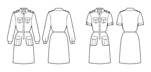 Sticker - Set of Dresses safari technical fashion illustration with long short sleeves with cuff, flap cargo pockets, epaulettes, fitted body, knee length. Flat apparel front, back, white color. Women, men CAD