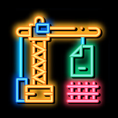 Sticker - construction crane neon light sign vector. Glowing bright icon construction crane sign. transparent symbol illustration