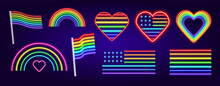 A Set Of Vector Neon Signs Of The LGBT Community. Isolated Elements Of Glow-in-the-dark Rainbows, American Rainbow Flag, Multicolored Heart. Neon Gay And Lesbian Love Symbol For Design Template