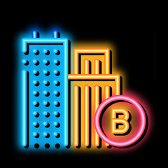 Poster - built residential buildings neon light sign vector. Glowing bright icon built residential buildings sign. transparent symbol illustration