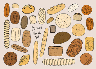 Wall Mural - vector bread set in color. hand-drawn ,doodle-style bread of different types, white and black and gray, different shapes and colors, baguettes, tortillas and bricks, toast for a design template with d