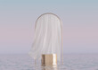 3D podium display on water. Ocean view with gold gate. Pastel background with white curtain cloth.  Cosmetic beauty product promotion  Nature mock up. Step pedestal, summer minimal banner 3D render