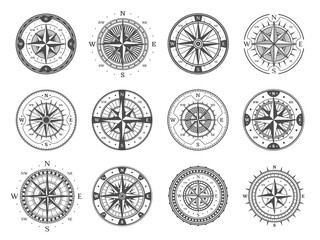 Sticker - Antique compass with wind rose arrows. Vintage compass with star, cardinal directions and meridian scale. Monochrome vector marine navigation, exploration and age of geographical discover symbol