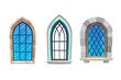 © Vector Tradition - Window of medieval castle or fortress interior. Church, cathedral or temple exterior element, gothic architecture building cartoon vector arch windows with metal, wooden frames and stone masonry