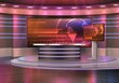© Vector Tradition - Breaking news television studio realistic vector interior. TV show, news broadcasting room with pedestal or podium, desk and big displays, screens with world globe. Modern media, journalism background