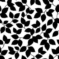 Wall Mural - vector seamless black and white floral pattern with leaves silhouettes.