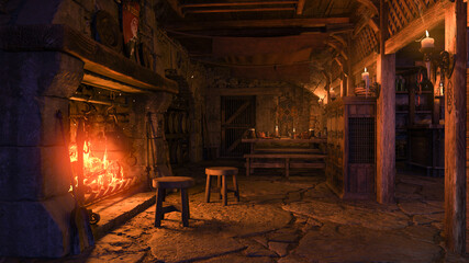 Poster - 3D rendering of a medieval tavern interior lit by candlelight and burning fire.