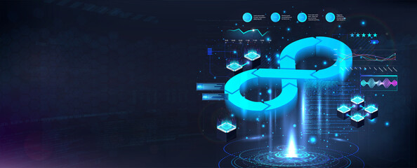 Futuristic DevOps process banner. Concept software development operations, programming, web development, design, interaction with each other. DevOps banner with hologram lifecycle infinity. Vector