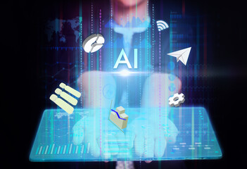 business, technology, internet and network concept. young businessman working on a virtual screen of