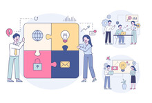People Solving Huge Puzzles With Icons, People Having A Meeting And Brainstorming. Outline Flat Design Style Minimal Vector Illustration Set.