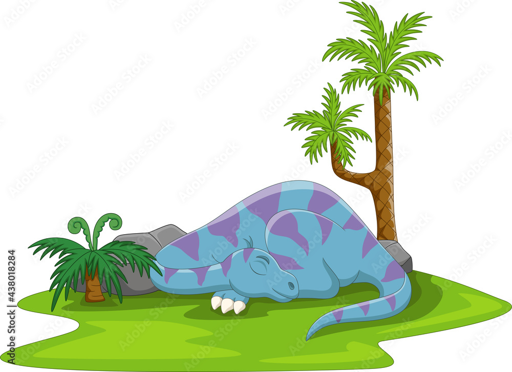 Cartoon funny blue dinosaur sleeping - obrazy, fototapety, plakaty 