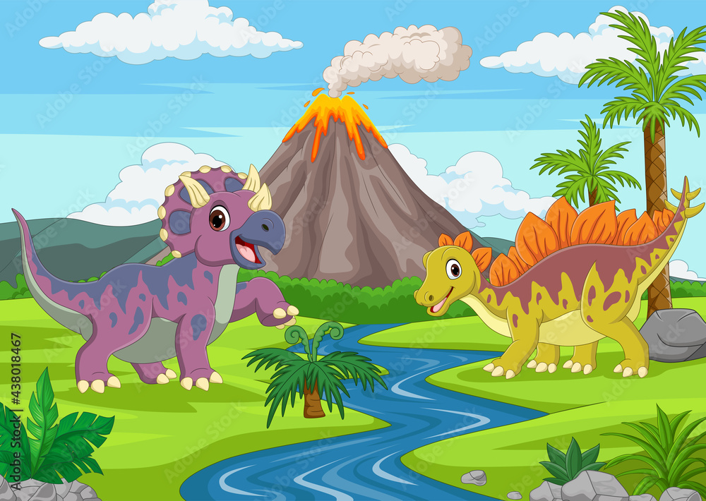 Cartoon funny dinosaurs in the jungle - obrazy, fototapety, plakaty 