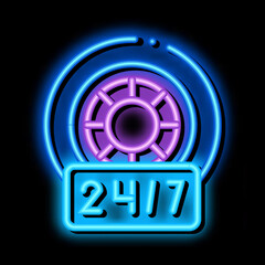 Sticker - round-the-clock repair of wheels and tires neon light sign vector. Glowing bright icon round-the-clock repair of wheels and tires sign. transparent symbol illustration