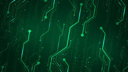 diagonal electronic circuit design on a dark green background.
