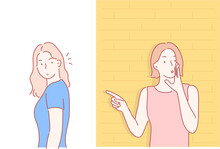 A Woman Is Hiding Behind A Wall, Pointing A Finger At Another Woman And Spreading Rumors. Hand Drawn Style Vector Design Illustrations. 