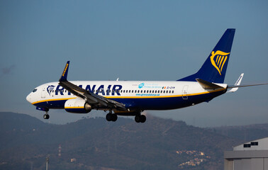 BARCELONA, EL PRAT, SPAIN - JANUARY 26, 2020: Image of passenger Airplane of company Ryanair during landing